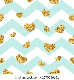 Gold heart seamless pattern. Blue-white geometric zig zag, golden confetti-hearts. Symbol of love, Valentine day holiday. Zigzag design wallpaper, background, texture Vector illustration
