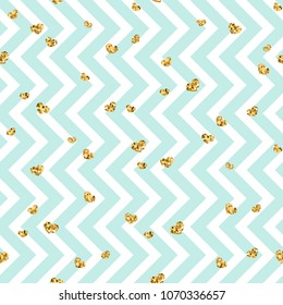 Gold heart seamless pattern. Blue-white geometric zig zag, golden confetti-hearts. Symbol of love, Valentine day holiday. Zigzag design wallpaper, background, texture Vector illustration