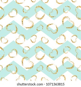 Gold heart seamless pattern. Blue-white geometric zig zag, golden grunge confetti-hearts. Symbol of love, Valentine day holiday. Design wallpaper, background, fabric texture Vector illustration