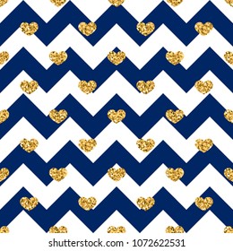 Gold heart seamless pattern. Blue-white geometric zig zag, golden confetti-hearts. Symbol of love, Valentine day holiday. Design wallpaper, background, fabric texture Vector illustration