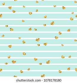 Gold heart seamless pattern. Blue-white geometric stripes, golden confetti-hearts. Symbol of love, Valentine day holiday. Design wallpaper, background, fabric texture Vector illustration