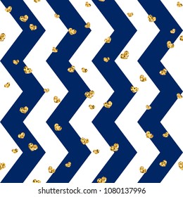 Gold heart seamless pattern. Blue-white geometric zig zag, golden confetti-hearts. Symbol of love, Valentine day holiday. Zigzag design wallpaper, background, texture Vector illustration