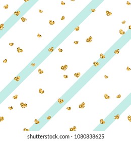 Gold heart seamless pattern. Blue-white geometric stripes, golden confetti-hearts. Symbol of love, Valentine day holiday. Design wallpaper, background, fabric texture Vector illustration