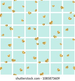 Gold heart seamless pattern. Blue-white geometric square, golden confetti-hearts. Symbol of love, Valentine day holiday. Design wallpaper, background, fabric texture Vector illustration