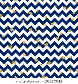 Gold heart seamless pattern. Blue-white geometric zig zag, golden confetti-hearts. Symbol of love, Valentine day holiday. Zigzag design wallpaper, background, texture Vector illustration