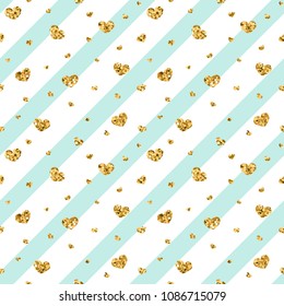 Gold heart seamless pattern. Blue-white geometric stripes, golden confetti-hearts. Symbol of love, Valentine day holiday. Design wallpaper, background, fabric texture Vector illustration