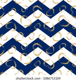 Gold heart seamless pattern. Blue-white geometric zig zag, golden grunge confetti-hearts. Symbol of love, Valentine day holiday. Design wallpaper, background, fabric texture Vector illustration