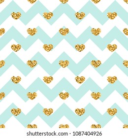 Gold heart seamless pattern. Blue-white geometric zig zag, golden confetti-hearts. Symbol of love, Valentine day holiday. Design wallpaper, background, fabric texture Vector illustration