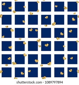 Gold heart seamless pattern. Blue-white geometric square, golden confetti-hearts. Symbol of love, Valentine day holiday. Design wallpaper, background, fabric texture Vector illustration