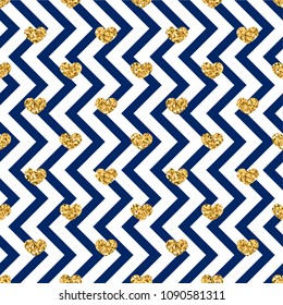 Gold heart seamless pattern. Blue-white geometric zig zag, golden confetti-hearts. Symbol of love, Valentine day holiday. Design wallpaper, background, fabric texture Vector illustration