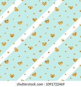 Gold heart seamless pattern. Blue-white geometric stripes, golden confetti-hearts. Symbol of love, Valentine day holiday. Design wallpaper, background, fabric texture Vector illustration