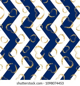 Gold heart seamless pattern. Blue-white geometric zig zag, golden grunge confetti-hearts. Symbol of love, Valentine day holiday. Design wallpaper, background, fabric texture Vector illustration