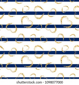 Gold heart seamless pattern. Blue-white geometric stripes, golden grunge confetti-hearts. Symbol of love, Valentine day holiday. Design wallpaper, background, fabric texture Vector illustration