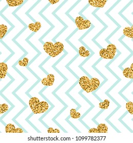 Gold heart seamless pattern. Blue-white geometric zig zag, golden confetti-hearts. Symbol of love, Valentine day holiday. Zigzag design wallpaper, background, texture Vector illustration