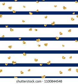 Gold heart seamless pattern. Blue-white geometric stripes, golden confetti-hearts. Symbol of love, Valentine day holiday. Design wallpaper, background, fabric texture Vector illustration