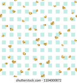Gold heart seamless pattern. Blue-white geometric square, golden confetti-hearts. Symbol of love, Valentine day holiday. Design wallpaper, background, fabric texture Vector illustration