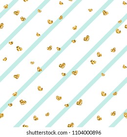 Gold heart seamless pattern. Blue-white geometric stripes, golden confetti-hearts. Symbol of love, Valentine day holiday. Design wallpaper, background, fabric texture Vector illustration
