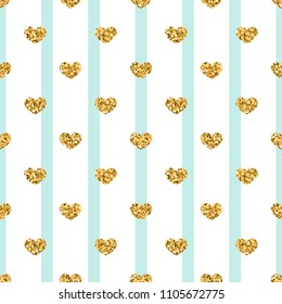 Gold heart seamless pattern. Blue-white geometric stripes, golden confetti-hearts. Symbol of love, Valentine day holiday. Design wallpaper, background, fabric texture Vector illustration