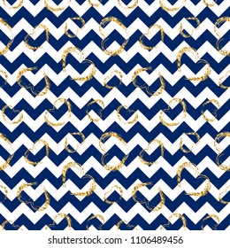 Gold heart seamless pattern. Blue-white geometric zig zag, golden grunge confetti-hearts. Symbol of love, Valentine day holiday. Design wallpaper, background, fabric texture Vector illustration
