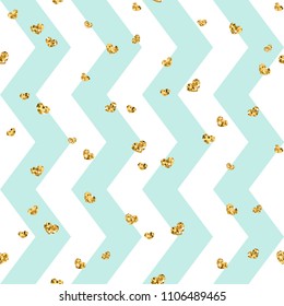 Gold heart seamless pattern. Blue-white geometric zig zag, golden confetti-hearts. Symbol of love, Valentine day holiday. Zigzag design wallpaper, background, texture Vector illustration
