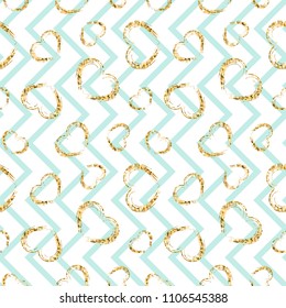 Gold heart seamless pattern. Blue-white geometric zig zag, golden grunge confetti-hearts. Symbol of love, Valentine day holiday. Design wallpaper, background, fabric texture Vector illustration