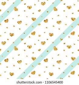 Gold heart seamless pattern. Blue-white geometric stripes, golden confetti-hearts. Symbol of love, Valentine day holiday. Design wallpaper, background, fabric texture Vector illustration