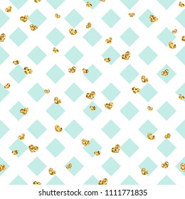 Gold heart seamless pattern. Blue-white geometric decoration, golden confetti-hearts. Symbol of love, Valentine day holiday. Design wallpaper, background, fabric texture Vector illustration