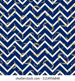 Gold heart seamless pattern. Blue-white geometric zig zag, golden grunge confetti-hearts. Symbol of love, Valentine day holiday. Design wallpaper, background, fabric texture Vector illustration