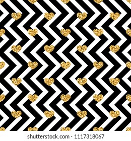 Gold heart seamless pattern. Blue-white geometric zig zag, golden confetti-hearts. Symbol of love, Valentine day holiday. Design wallpaper, background, fabric texture Vector illustration
