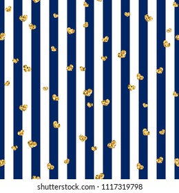 Gold heart seamless pattern. Blue-white geometric stripes, golden confetti-hearts. Symbol of love, Valentine day holiday. Design wallpaper, background, fabric texture Vector illustration