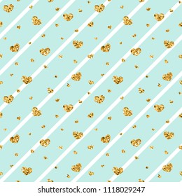 Gold heart seamless pattern. Blue-white geometric stripes, golden confetti-hearts. Symbol of love, Valentine day holiday. Design wallpaper, background, fabric texture Vector illustration