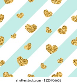 Gold heart seamless pattern. Blue-white geometric stripes, golden confetti-hearts. Symbol of love, Valentine day holiday. Design wallpaper, background, fabric texture Vector illustration