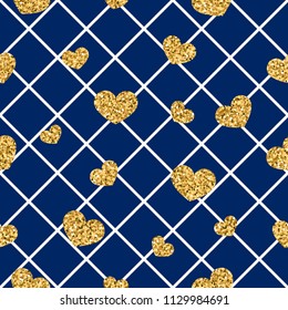 Gold heart seamless pattern. Blue-white geometric decoration, golden confetti-hearts. Symbol of love, Valentine day holiday. Design wallpaper, background, fabric texture Vector illustration