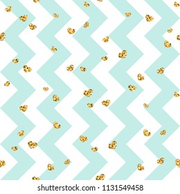 Gold heart seamless pattern. Blue-white geometric zig zag, golden confetti-hearts. Symbol of love, Valentine day holiday. Zigzag design wallpaper, background, texture Vector illustration