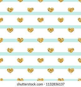 Gold heart seamless pattern. Blue-white geometric stripes, golden confetti-hearts. Symbol of love, Valentine day holiday. Design wallpaper, background, fabric texture Vector illustration