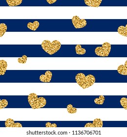 Gold heart seamless pattern. Blue-white geometric stripes, golden confetti-hearts. Symbol of love, Valentine day holiday. Design wallpaper, background, fabric texture Vector illustration