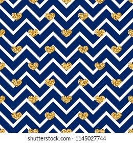 Gold heart seamless pattern. Blue-white geometric zig zag, golden confetti-hearts. Symbol of love, Valentine day holiday. Design wallpaper, background, fabric texture Vector illustration