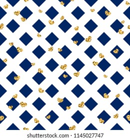 Gold heart seamless pattern. Blue-white geometric decoration, golden confetti-hearts. Symbol of love, Valentine day holiday. Design wallpaper, background, fabric texture Vector illustration