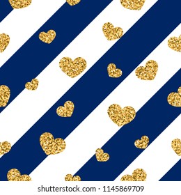 Gold heart seamless pattern. Blue-white geometric stripes, golden confetti-hearts. Symbol of love, Valentine day holiday. Design wallpaper, background, fabric texture Vector illustration