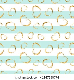 Gold heart seamless pattern. Blue-white geometric stripes, golden grunge confetti-hearts. Symbol of love, Valentine day holiday. Design wallpaper, background, fabric texture Vector illustration
