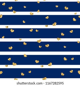 Gold heart seamless pattern. Blue-white geometric stripes, golden confetti-hearts. Symbol of love, Valentine day holiday. Design wallpaper, background, fabric texture Vector illustration