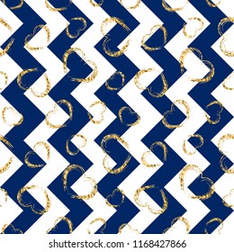Gold heart seamless pattern. Blue-white geometric zig zag, golden grunge confetti-hearts. Symbol of love, Valentine day holiday. Design wallpaper, background, fabric texture Vector illustration