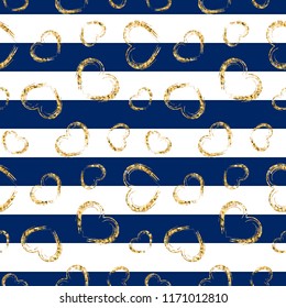 Gold heart seamless pattern. Blue-white geometric stripes, golden grunge confetti-hearts. Symbol of love, Valentine day holiday. Design wallpaper, background, fabric texture Vector illustration