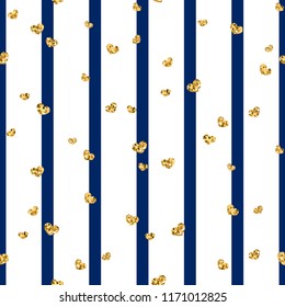 Gold heart seamless pattern. Blue-white geometric stripes, golden confetti-hearts. Symbol of love, Valentine day holiday. Design wallpaper, background, fabric texture Vector illustration