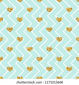 Gold heart seamless pattern. Blue-white geometric zig zag, golden confetti-hearts. Symbol of love, Valentine day holiday. Design wallpaper, background, fabric texture Vector illustration