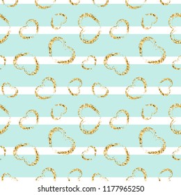 Gold heart seamless pattern. Blue-white geometric stripes, golden grunge confetti-hearts. Symbol of love, Valentine day holiday. Design wallpaper, background, fabric texture Vector illustration