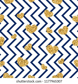 Gold heart seamless pattern. Blue-white geometric zig zag, golden confetti-hearts. Symbol of love, Valentine day holiday. Zigzag design wallpaper, background, texture Vector illustration