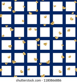 Gold heart seamless pattern. Blue-white geometric square, golden confetti-hearts. Symbol of love, Valentine day holiday. Design wallpaper, background, fabric texture Vector illustration