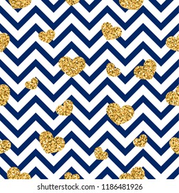 Gold heart seamless pattern. Blue-white geometric zig zag, golden confetti-hearts. Symbol of love, Valentine day holiday. Zigzag design wallpaper, background, texture Vector illustration