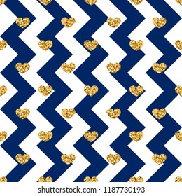 Gold heart seamless pattern. Blue-white geometric zig zag, golden confetti-hearts. Symbol of love, Valentine day holiday. Design wallpaper, background, fabric texture Vector illustration